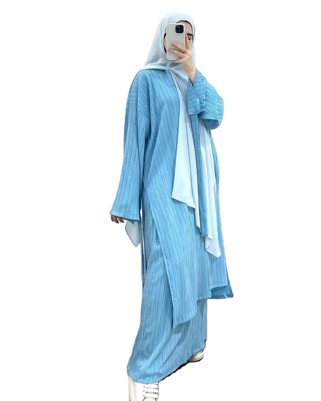 Middle East Arabian Women's 2024 New Mid-Length Long Sleeve Wrinkled Cloth Robe Halter Dress Set