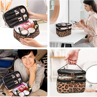 Sac de maquillage professionnel personnalisé à imprimé léopard, double couche, en PVC transparent et PU, trousse de toilette, organiseur de cosmétiques de voyage