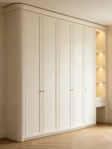 Modern Built in Wardrobe <b>Cabinet</b> Cream Panel <b>Door</b> <b>Storage</b> Closet <b>with</b> Open Shelf - Product Image 2