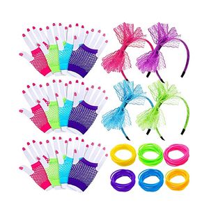 <strong>80s</strong> Party Costume Jelly Bracelets Gloves Fingerless Fishnet Wrist Gloves <strong>80s</strong> Lace <strong>Headband</strong> for <strong>80s</strong> Themed Party - Product Image 1