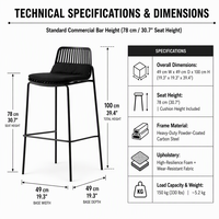 Tabouret de bar moderne avec cadre en métal et dossier en plastique à lattes, avec coussin rembourré pour café, restaurant, hôtel
