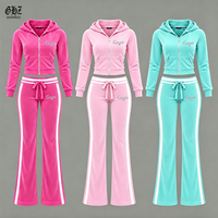 Ensemble 2 pièces en velours Y2K pour femme : veste à capuche ajustée avec fermeture éclair dorée et pantalon évasé taille basse – Survêtement en velours