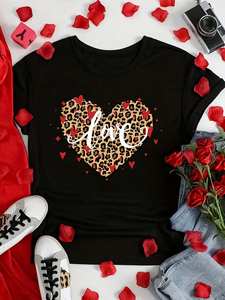 T-shirt con stampa di cuori leopardati per San Valentino, t-shirt da donna a maniche corte, girocollo, casual, alla moda, primavera estate, 100% cotone - Product Image 1