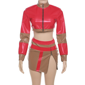 Vintage Red <strong>Leather</strong> Skirt <strong>Outfits</strong> Two Piece Set Women 2025 <strong>Sexy</strong> Club Zipper Crop Jacket Top Mini Slit Skirt Set <strong>Leather</strong> Suits - Product Image 4