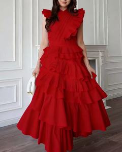 Women Elegant <strong>Red</strong> Party Dress High Quality Vintage A-line Designer Ruffles Dress - Product Image 1