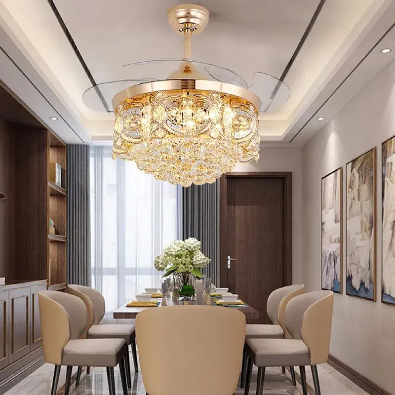 럭셔리 골든 LED 샹들리에 조명 리모콘 멋진 펜던트 램프 홈 호텔 모던 크리스탈 천장 선풍기