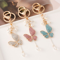 Porte-clés Papillon en Alliage avec Pendentif en Cristal, Strass et Fausse Perle, Fait Main, Breloque pour Sac, Cadeau Créatif pour Femmes et Filles