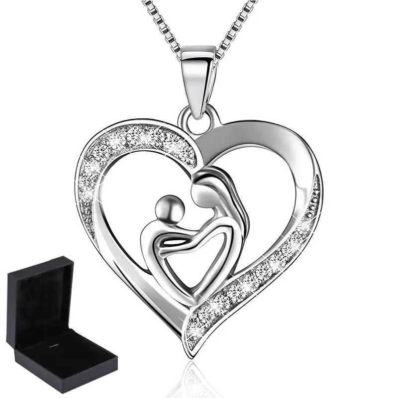 Mom 925 Sterling Silver Necklace Mother's Love-shaped Heart Diamond Pendant Necklace Mom Heart Necklace for Mother's Day Gift