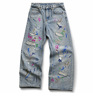 Vaqueros anchos de mezclilla para hombre, estilo Y2K, con efecto desgastado y rotos, pintados a mano, de tiro medio, holgados, estilo hip hop, ligeros, de algodón lavado para otoño. - Product Image 1
