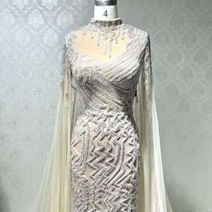 Queen's Elegance Champagne Vestido sin mangas con capa <span class=keywords><strong>de</strong></span> tren largo Cuello alto Vestido Maxi con cuentas artesanales - Product Image 2