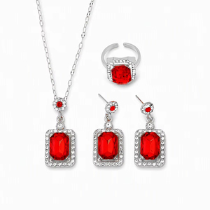 Set di <span class=keywords><strong>Gioielli</strong></span> alla Moda all'Ingrosso per Donne: Collana con Ciondolo in Cristallo Rettangolare, Orecchini Pendenti e Anello Regolabile in Stock - Product Image 1