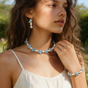 ชุดเครื่องประดับสำหรับผู้หญิง ปี 2026 สร้อยคอ สร้อยข้อมือ และต่างหู ประดับด้วยลูกปัดหินสีน้ำเงินทำมือ และจี้มุกน้ำจืด - Product Image 3