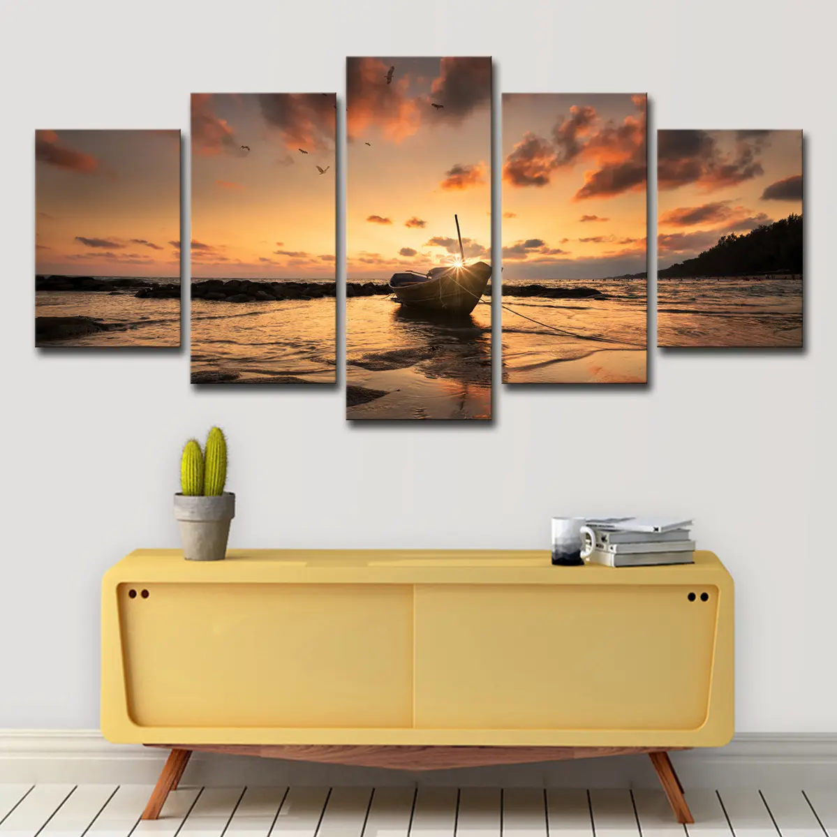 Modern Sunset Beach Sea View manzara tekne tuval Poster boyama Giclee resim baskı için oturma oda duvar dekorasyonu