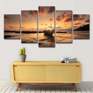 Modern Sunset Beach Sea View Scenery Boat Canvas Poster Painting Giclee Picture Print For Living Room Wall Decoration