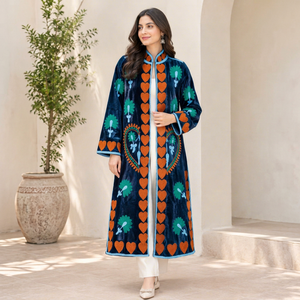Elegant Velvet Embroidered Coat Women <b>Mandarin</b> <b>Collar</b> Full Sleeve Floral Print Long Winter <b>Jacket</b> Hand Embroidery - Product Image 1