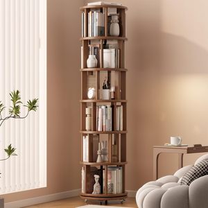 Bibliothèque rotative à 6 niveaux en bois massif, finition en bois d'hévé<span class=keywords><strong>a</strong></span>, roulettes pivotantes à 360°, bibliothèque <span class=keywords><strong>tour</strong></span> pour salon, meubles de style mid-century - Product Image 1
