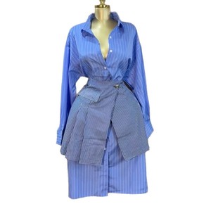 HK73894 Trendy Skirt Set for Women Lapel <strong>Blue</strong> Stripe Long Sleeve Shirt + Short Skirt Sets 2 Piece Outfits for Women Office <strong>Wear</strong> - Product Image 6