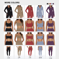 Ensemble de sport 4 pièces pour femme : pantalon taille haute effet ventre plat, dos croisé, extensible, pour la course, la gym et le yoga