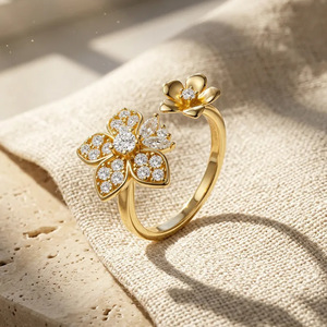 Bague ouverte double fleur tendance 2026 en argent sterling S925 incrustée de moissanite étincelante pour femme, cadeau bijou - Product Image 5