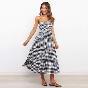<span class=keywords><strong>Jupe</strong></span> à plusieurs niveaux robe vichy croix dos à volants robe mi-longue femmes été élégant robes décontractées personnalisé à carreaux plissé coton Plaid - Product Image 6