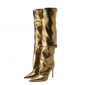 Gold Pleated Upper on Shoes <b>High</b> Thin Heels Pointed Toe Slouchy Long Boots Women's <b>Knee</b> <b>High</b> Booties - Product Image 3