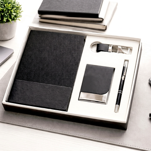 Ensemble cadeau d'affaires en cuir PU noir, carnet, stylo métallique, porte-clés, porte-cartes - Product Image 1