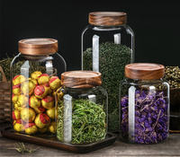 Pot de rangement pour épices en verre borosilicate à large ouverture et grande capacité avec couvercle en bois fileté pour le stockage des aliments
