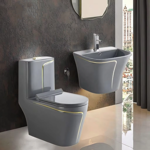 Conjunto de Louças Sanitárias Cerâmicas Montadas no Chão na Cor Cinza para Banheiro, Vaso Sanitário em Uma Peça com Lavabo Suspenso - Product Image 2