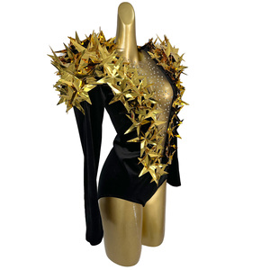 Tute con Paillettes e Strass Gold Star per Donne, Abiti da Club Notturno, Body Intero per Cantanti, Showgirl, Outfit da Festival, Tute da Ballerina - Product Image 3