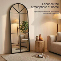 Miroir sur pied pleine longueur en verre trempé avec cadre en pin noir, style vintage français, grille en arche simple, pour la décoration intérieure (vente en gros)