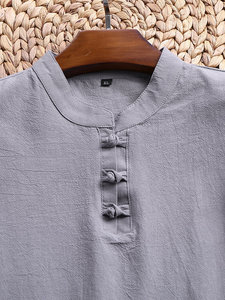 Macheda-ensemble de pyjama respirante en lin pour homme, pyjama à col surélevé, couleur unie, vêtement idéal pour l'été - Product Image 2