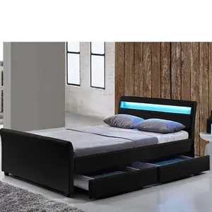 Pabrik grosir double queen king ukuran bingkai kayu modern warna hitam LED tempat tidur kepala tempat tidur kulit 4 laci penyimpanan