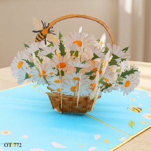 Tarjeta Pop-up 3D de Alta Calidad, Diseño de Cesta de Margaritas, Regalos para Boda o San Valentín, Hechos a Mano en Vietnam, Manualidades de Papel Cortado con Láser, Personalizables - Product Image 1