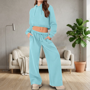 Conjunto de 2 Piezas de Felpa Azul Claro para Mujer, Top Corto con Capucha y Pantalones Anchos, Estilo Casual Holgado para Todas las Temporadas, Sudadera de Color Sólido - Product Image 6