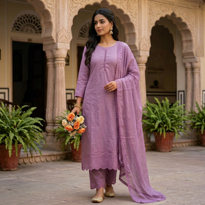 Ensemble 3 pièces ethnique de créateur pour femme, haut de gamme, 17 kg, en rayonne brodée, infroissable, toutes saisons, comprenant Kurta, pantalon et dupatta - Product Image 1