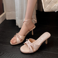 Sandales décontractées confortables en satin de soie, sexy et chics, avec nœud décoratif, à brides croisées, talon aiguille, respirantes