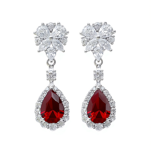 ต่างหูทรงหยดน้ำประดับเพทายสีแดงชุบเงิน ดีไซน์ดอกไม้ เครื่องประดับงานแต่งงานสุดคลาสสิก ต่างหูคริสตัลแฟชั่นสำหรับผู้หญิง - Product Image 1