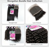 Lot de 4 mèches de cheveux synthétiques ondulés de style mongol avec perruque frontale en dentelle transparente, couleur naturelle, tissage en fibres mélangées