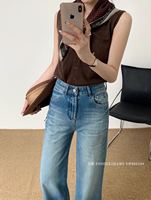 YUANBOFEI Jean évasé coupe droite pour femme, délavé effet éclair, jambe courbée, en denim décontracté respirant, Spandex/Coton