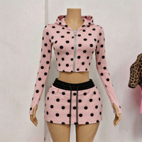 Ensemble 2 pièces Y2K à pois pour femme, haut à manches longues et mini-jupe moulante rose et noir en polyester et élasthanne extensible, tenue décontractée d'été