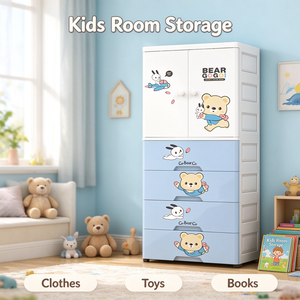 Armoire pour enfants en plastique PP motif ours et lapin, 57,5x35,5x148CM, armoire bébé avec porte et tiroirs de rangement, vente en gros - Product Image 5