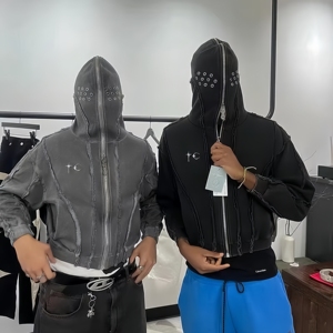 THUG CLUB Sweat à capuche épais délavé à l'acide et vieilli, style Techwear, coupe courte, effet soleil délavé, entièrement zippé, pour homme - Product Image 1