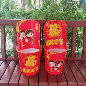 Red Plastic Trash Can Cylindrical Gold Rim Decorative Indoor Outdoor Waste <b>Bin</b> For <b>Bathroom</b> Festival Use - Product Image 2