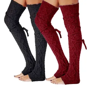 Женское девушки зимние плетеный кабель вязать Сапоги до колена гетры сплошной цвет «кроше»; Обувь, сохраняющая тепло носки с широкими манжетами для женщин