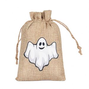Wholesale Customizable Halloween Pumpkin <b>Lights</b> Gift Jute Bag with <b>Rope</b> Handle for Party Candy Storage - Product Image 6