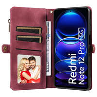 Pour Redmi Note 12 Pro 5G étui en cuir sangle fermeture éclair pochette portefeuille 9 fentes pour cartes béquille couverture de téléphone