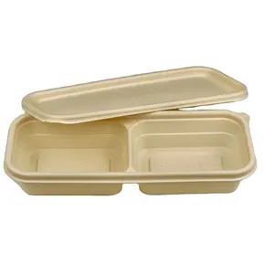 Costom Bedrukt Papier Pulp Afhaalsauzen Verpakking Serviesgoed Multi-Compartiment Bagasse Pulp Biologisch Afbreekbare Lunchboxen