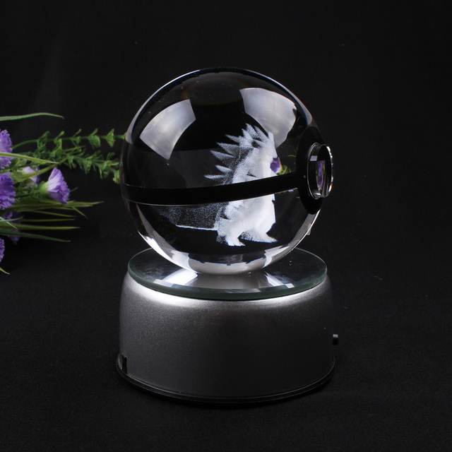 50mm 80mm Tyranitar Carved 3D Laser Engraved Crystal K9 Ball with Light Base for Children's Gifts