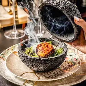 5성급 호텔용 스톤 분자 요리 음식 그릇 화산석 4인치 무광 블랙 크리에이티브 도자기 루나 볼 - Product Image 1