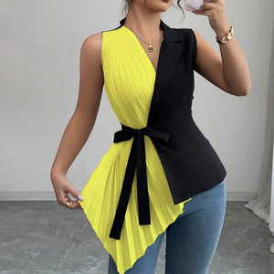 เสื้อเชิ้ตผูกเอวแบบอสมมาตรคอวีสีบล็อกสำหรับผู้หญิงแฟชั่น - Product Image 3